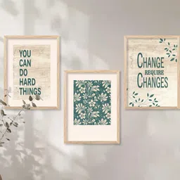 WALLLANE 3 Piece Beige & Green Wooden Abstract And Typographical Wall Paintings-11