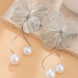 Anouk Set of 2 Silver-Plated Pearls Studded Korean Floral Shaped Drop Earrings-9
