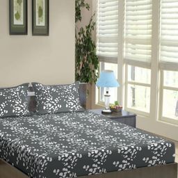 Trance Home Linen Grey & White Floral 210 TC Queen Bedsheet with 2 Pillow Covers-image-75