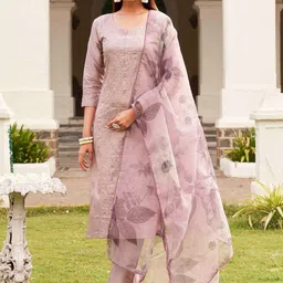 DMUNESH FASHION Floral Embroidered Thread Work Chanderi Silk Kurta With Trousers & Dupatta-picture-0