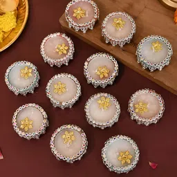 Aapno Rajasthan White & Blue 12 Pieces Gemstone Accented Terracotta Matki Diyas-image-67