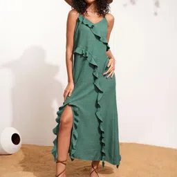 Tokyo Talkies Women Sleeveless Ruffled A-Line Maxi Dress With Slit Details-image-13