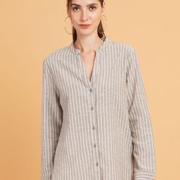 IX IMPRESSION Women Relaxed Mandarin Collar Striped Cotton Oversized Semiformal Shirt-10