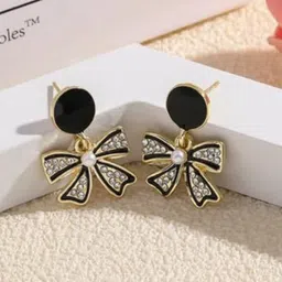 CareDone Korean Gold-Plated Stones Studded And Beaded Contemporary Drop Earrings-image-28