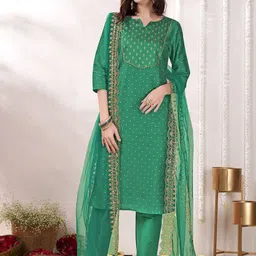 Anouk Green and Gold Ethnic Motifs Yoke Design Printed Kurta with Trouser & Dupatta image 1