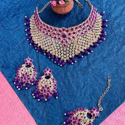 VATSALYA creation Women Alloy Purple & Rose Gold-Plated Necklace & Earrings With Maang-image-36