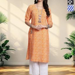 HERE&NOW Selection Of 3 Leheriya Printed Round Neck Straight Kurtas-image-94