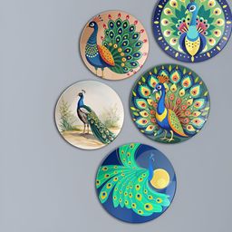 THE QUIRKY HOME 5-Pcs Blue & Green Majestic Peacocks Ceramic Wall Plates-55