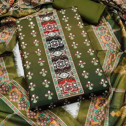 KALINI Green France Silk Digital Print Mirror & Diamond Work Unstitched Dress Material-image-34
