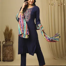 Globus Women Floral Embroidered Regular Thread Work Kurta with Trousers & With Dupatta-image-29