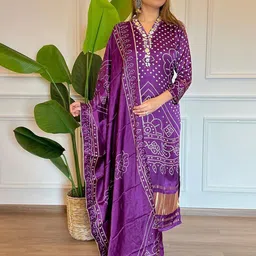 FOXENT Women Bandhani Printed Pure Cotton Straight Kurta With Trousers & Dupatta-20