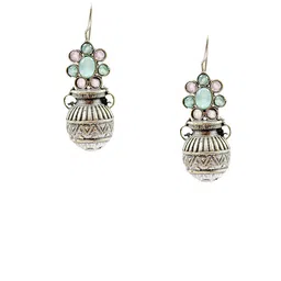NAMAN ARTS Silver-Plated Oxidised Artificial Stones Studded Contemporary Drop Earrings image 2