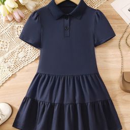 YK Girls Solid Shirt Collar A-Line Dress-image-72