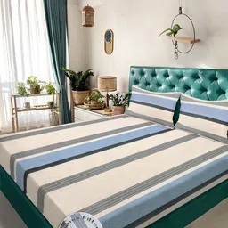KLOTTHE Cream-Coloured & Blue Striped 300 TC King Bedsheet with 2 Pillow Covers-13