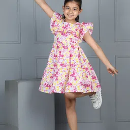 AWW HUNNIE Girls Floral Printed Flutter Sleeves Fit and Flare Dress-image-63