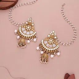 Anouk Gold-Plated Stones Studded & Beads Beaded Dome Shaped Jhumkas With Ear Chain image 4