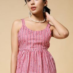 Istyle Can Women Printed Shoulder Straps Pleated Detail Cotton Peplum Top-image-47