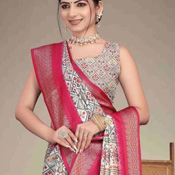VELVINE Ethnic Motifs Woven Design Zari Block Print Saree-image-25