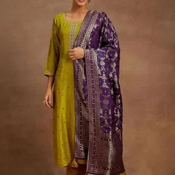 DWIJA FASHION Women Woven Design Embroidered Kurta with Trousers & Dupatta-picture-3