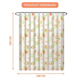 Aura 5-Pcs White & Green Block Printed Waterproof ShowerCurtainWithHooks image 4