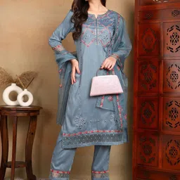 KALINI Women Floral Embroidered Regular Thread Work Kurta with Trousers & With Dupatta-picture-46
