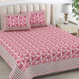 The Craft Monk White & Pink Floral Pure Cotton 300 TC Super King Bedsheet Set-2.74mx2.74m-image-57