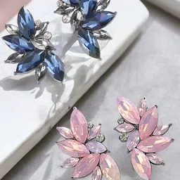DressBerry Set Of 2 Silver Plated Crystals Studded Floral Shaped Drop Earrings-33