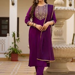 VARNI FABRICS Ethnic Motifs Yoke Design Thread Work Kurta With Trousers & Dupatta-image-65