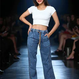 FCK-3 Women Blue Wide Leg High-Rise Light Fade Embroidered Stretchable Denim Jeans-picture-30