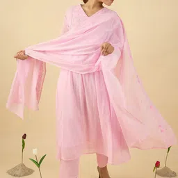 Indo Era Women Floral Embroidered Pleated Thread Work Pure Cotton Kurta Set-image-26