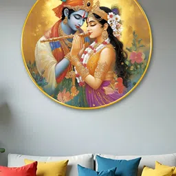 SAF Gold-Toned & Blue Radha Krishna Round Wooden Wall Art-19