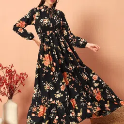 Femvy Floral Printed Tie-Up Neck Crepe Tiered Fit & Flare Maxi Dress-picture-44