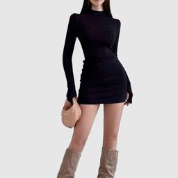 Outzidr Women Solid High Neck Bodycon Mini Dress-picture-22