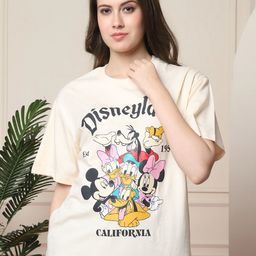 Dreambe Women Mickey & Friends Graphic Printed Round Neck Cotton Oversized T-shirt-image-14