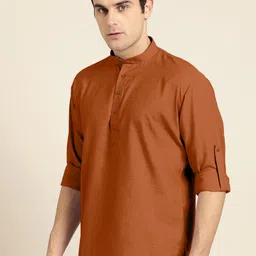 Zombom Men Band Collar Roll-Up Sleeves Kurta-image-61