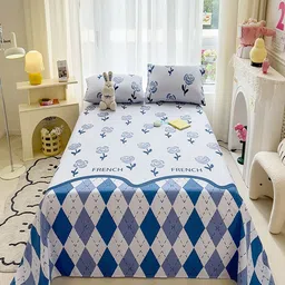 JC HOME White & Blue Floral 140 TC King Bedsheet with 2 Pillow Covers-image-36