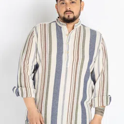 UNSIZED Men Comfort Oversized Fit Band Collar Vertical Striped Cotton Casual Shirt-image-77