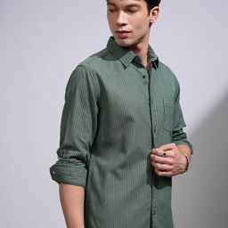HIGHLANDER Men Spread Collar Vertical Striped Cotton Casual Shirt-image-68
