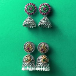 aadita Set Of 4 Silver-Plated Artificial Stones Studded Dome Shaped Jhumkas-10