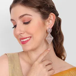 Manuvi Jewels Rose Gold Plated Cubic Zirconia Studded Geometric Drop Earrings-image-23