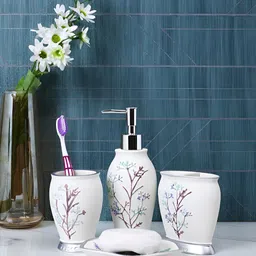 TAYHAA White & Green 4 piece Floral Resin Bath Accessories Set-54