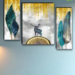 Aura Gold-Toned & Blue 3 Pieces Deer & Leaf Floral And Botanical Wooden Wall Arts-7