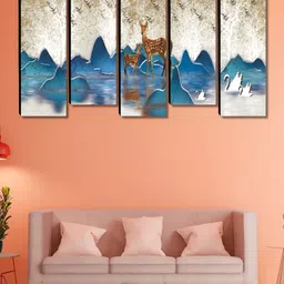 SAF White & Blue 5 Pieces Deer Wood Abstract Wall Art-picture-0