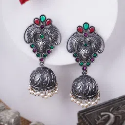Adwitiya Collection Silver-Plated Artificial Stones Studded Dome Jhumkas-52
