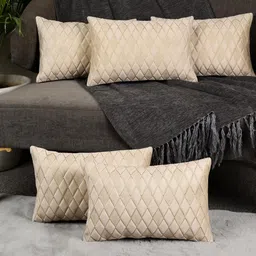 Designer Rectangle Cushion Covers 12x18 Set of 5 | Premium Velvet Sofa Throw Pillow Covers | Stylish Modern Home Dcor | Cream Color-image-56