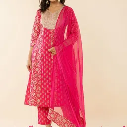 Yufta Floral Printed Panelled Thread Work Pure Cotton A-Line Kurta & Trouser With Dupatta-picture-20