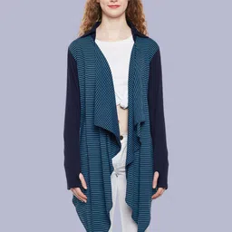 Hypernation Striped Asymmetric Pure Cotton Open Front Longline Shrug-11