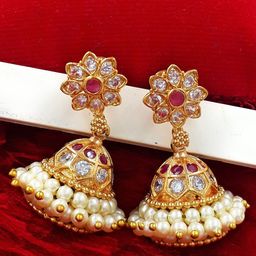 Anujeet Fashion Hub Gold-Plated Dome Shaped Artificial Stones and Beads Jhumkas Earrings-picture-12