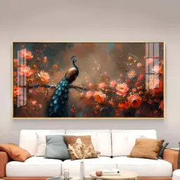 THE NEXT DECOR Gold-Colored & Red Peacock Floral Branches Glass Finish Horizontal Wall Art-image-68