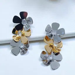AVANT-GARDE PARIS Stainless Steel Silver Plated CZ Studded Floral Shaped Drop Earrings-image-24